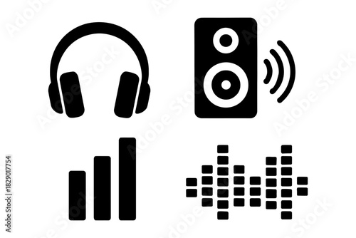 Audio icons: headphones, speaker, equalizer, sound waves symbols.