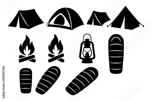 Camping gear icons: tents, campfires, lantern, sleeping bags in vector silhouette.