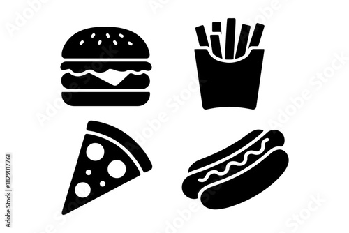 Iconic fast food symbols: burger, fries, pizza, hot dog silhouettes.