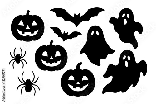 Halloween silhouettes: pumpkins, bats, ghosts, and spiders collection.