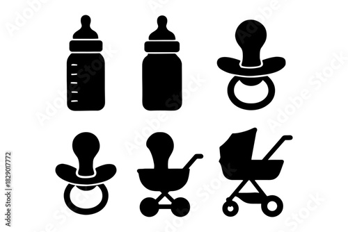 Baby essentials icons: bottles, pacifiers, strollers in simple silhouette design.