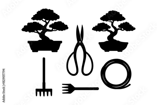 Bonsai silhouettes with gardening tools scissors rake and wire.