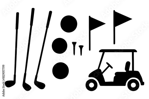 Golf equipment icons set featuring clubs, balls, tees, flags, and cart in black.