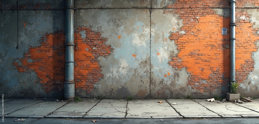 Fototapeta premium Exterior brick wall background with peeling paint and pipes. Grungy urban setting with cracked pavement and some plant life. Offers a raw industrial look.