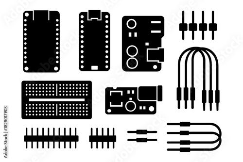 Electronics components set: arduino boards, breadboard, connectors, jumper wires.