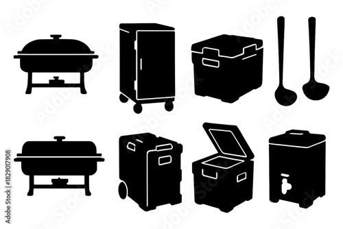 Catering equipment silhouette set: chafing dishes, containers, utensils.