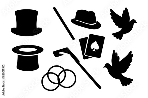 Magic show elements with hats, wands, playing cards, rings, and doves silhouettes.