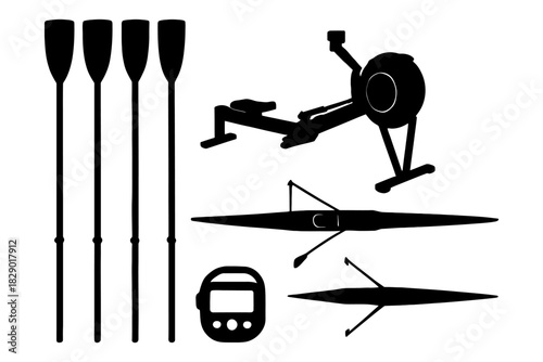 Silhouette of rowing equipment: oars, kayaks, and exercise machine.