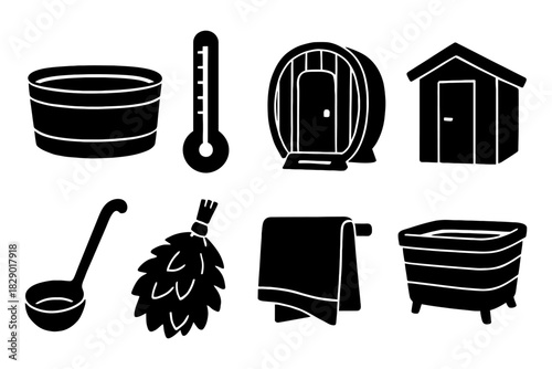 Black and white sauna icons including thermometer, bucket, ladle, towel, and barrel.