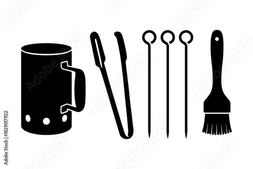 Barbecue tools set: mug, tongs, skewers, and grill brush silhouette.