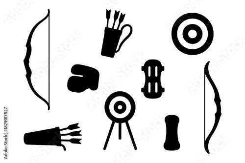 Silhouette of archery equipment with bow arrow quiver and target icons.
