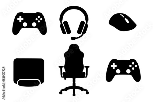 Essential gaming equipment: controllers, headset, mouse, chair, mousepad icons.