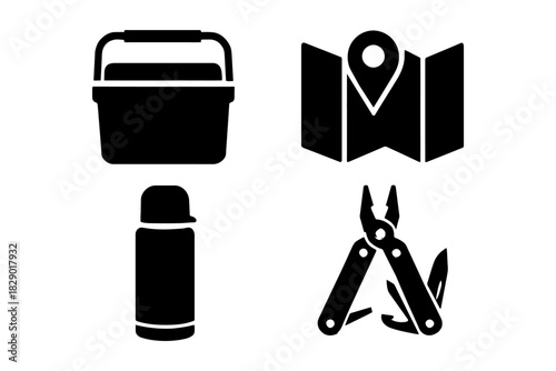 Camping essentials icons: cooler, map, thermos, multi-tool silhouettes.