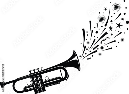 Trumpet silhouette with musical burst elements