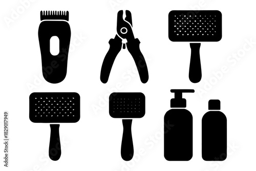 Silhouette icons of pet grooming tools including clippers brushes and shampoo bottles.