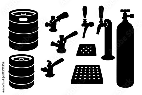 Silhouette of brewing equipment featuring kegs, taps, and co2 tank.