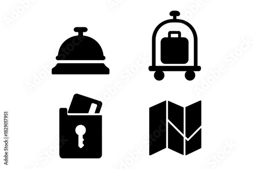 Hotel services icons: bellhop, luggage cart, safe, map.