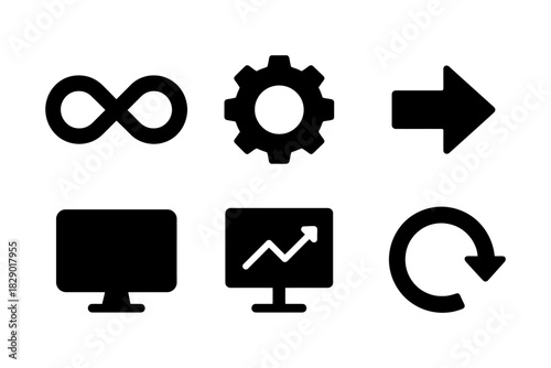 Collection of black icons: infinity, gear, arrow, monitor, chart, and refresh symbol.