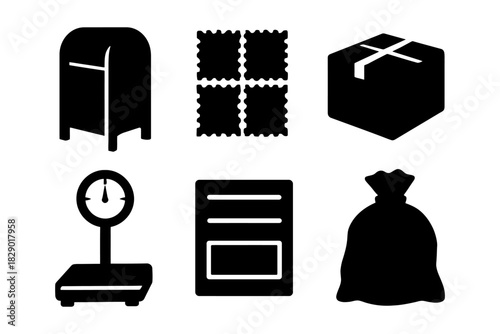 Postal icons: mailbox, stamps, parcel, scale, label, bag silhouettes.