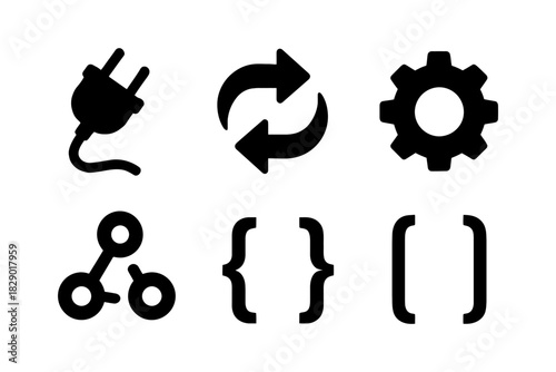 Black technical symbols set: plug, refresh, gear, nodes, braces, brackets.