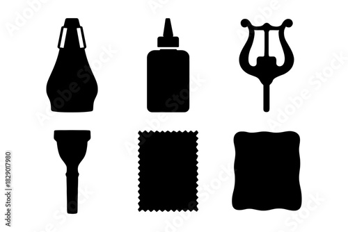 Silhouettes of musical instruments and accessories in black on white background.