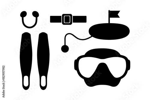 Scuba diving equipment icons: fins, mask, flag, belt, snorkel, dive gear collection.