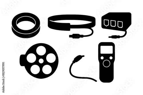 Silhouette icons of film reel, usb hub, hdmi cable, adapter, remote control.