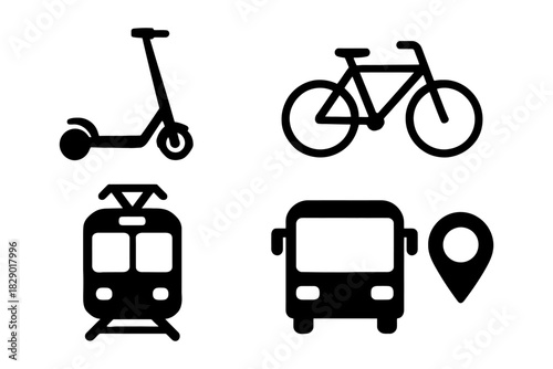 Icons of eco-friendly urban transportation: scooter, bicycle, train, bus, location pin.