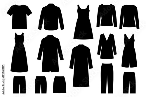 Collection of black silhouetted clothing items including dresses, coats, and t-shirts.
