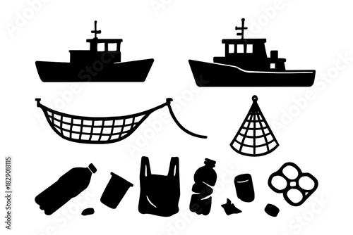 Fishing ships and marine pollution elements: nets, plastic waste silhouettes.