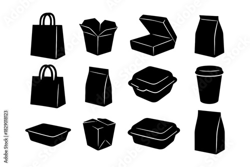 Silhouette icons of various food and drink takeout packaging.
