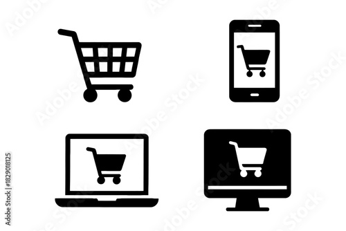E-commerce icons featuring shopping cart on mobile, laptop, and desktop devices.