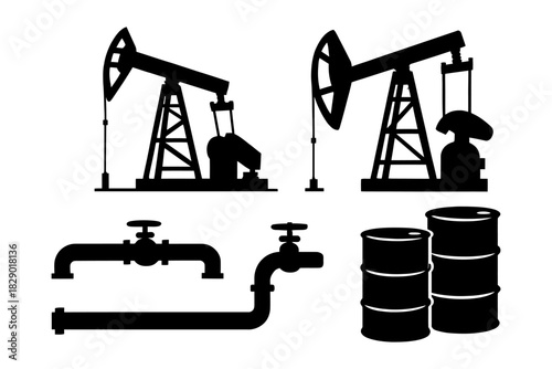 Oil industry silhouettes: pumpjacks, pipelines, and barrels.
