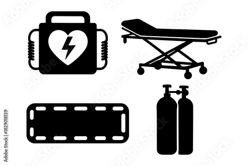 Emergency medical equipment icons: defibrillator, gurney, oxygen tank, bandage.