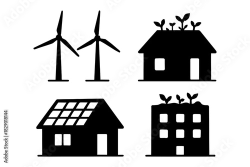 Renewable energy icons: wind turbines and green rooftops designs.