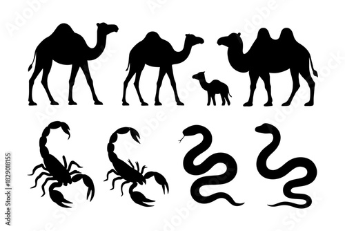 Silhouettes of camels, scorpions, and snakes in various poses.