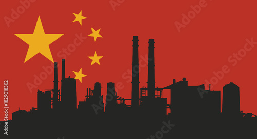 China flag silhouette representing massive Chinese industry, factories, and the economy, symbolizing production, pollution, and global manufacturing