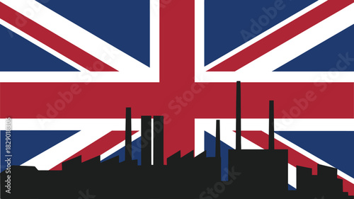 United Kingdom Union Jack flag silhouette representing British industry, factories, and the economy, symbolizing manufacturing, Brexit, and production
