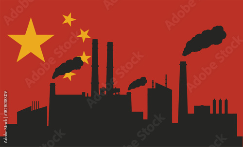 China flag silhouette representing massive Chinese industry, factories, and the economy, symbolizing production, pollution, and global manufacturing
