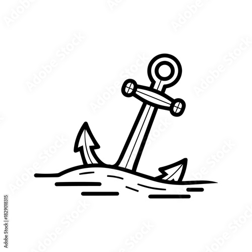 Nautical anchor partially submerged in water, a simple black outline drawing isolated on