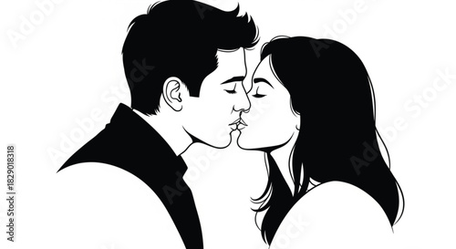 Romantic Kissing Couple Vector Illustration. Black and White Monochrome Portrait of Man and Woman in Passionate Embrace for Love, Romance, and Relationship Concepts.