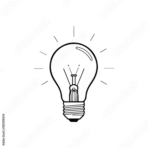Illuminated incandescent light bulb icon with light rays, isolated on