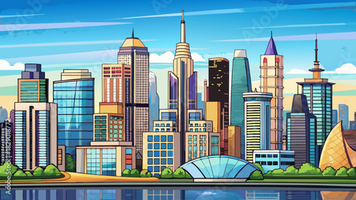 Very beautiful modern city skyline with clean lines, clear sky, reflective surfaces, and harmonious architectural forms creating a bright contemporary urban panorama.