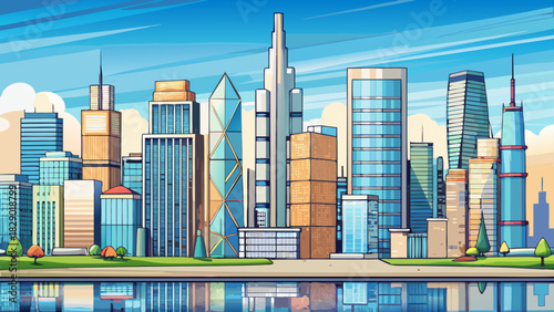 Very beautiful modern city skyline with clean lines, clear sky, reflective surfaces, and harmonious architectural forms creating a bright contemporary urban panorama.