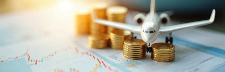 Model airplane sits on financial chart near gold coins. Concept of travel investment savings and planning future wealth. Business and finance planning.