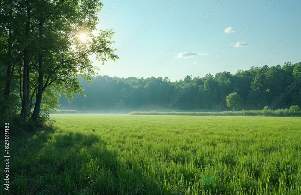 Obraz premium Green meadow stretches to distant forest under bright sun. Light mist rises from wet grass field. Trees cast shadows on land. Blue sky above.