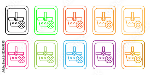 Set of ten colorful outline shopping cart delete icons. Ecommerce product removal user interface design elements.