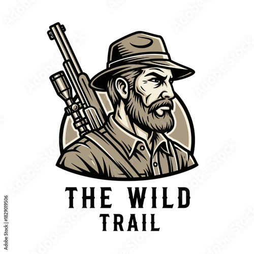 Rugged Hunter with Rifle and Hat Logo for The Wild Trail.