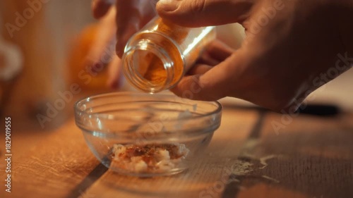 A person is adding a variety of seasonings to a small glass bowl to create a marinade sauce. This activity takes place in a warm, inviting kitchen, perfect for cooking