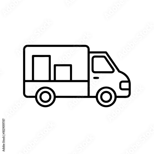 Outline drawing of delivery truck with boxes inside on transparent background silhouette